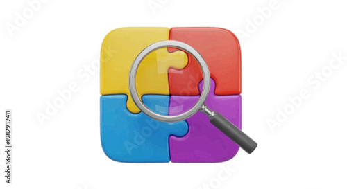 Vector illustration of magnifying glass over a fourpiece jigsaw puzzle on a transparent background