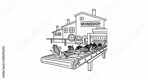 Corn on a conveyor belt entering a workshop facility for processing