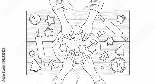 Hands shaping dough on a wooden table with cookie cutters and ingredients