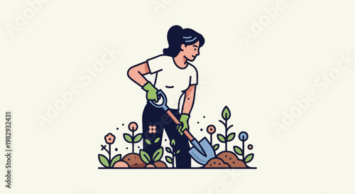 Woman digging in garden with shovel, tending to plants and flowers