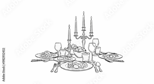 Elegant, hand-drawn dining table with candelabra, food, and tableware