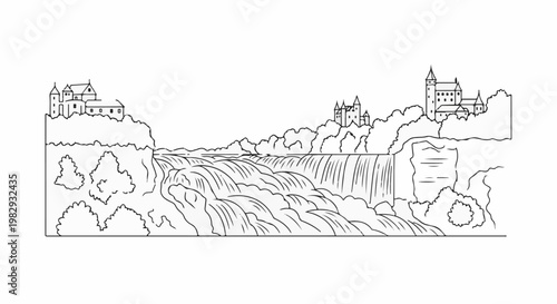 A black and white line drawing of a majestic waterfall cascading down, with castles on cliff tops
