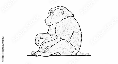 Line drawing of a primate with fur texture sitting down