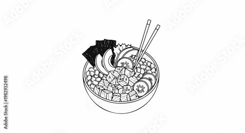 A black and white line drawing of a poke bowl with various ingredients and chopsticks
