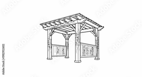Rustic wooden pergola with ornate detailing and open sides, featuring a slatted roof
