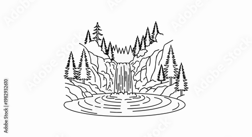 A detailed line drawing of a cascading waterfall surrounded by pine trees and rocky terrain