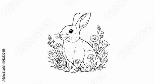 Black and white sketch of a cute bunny in a field of flowers