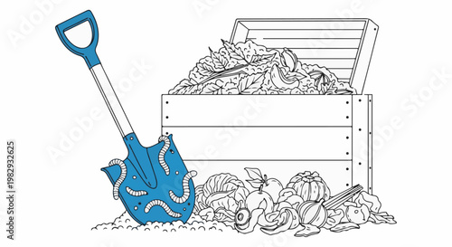Blue shovel with worms near composting bin filled with leaves and produce