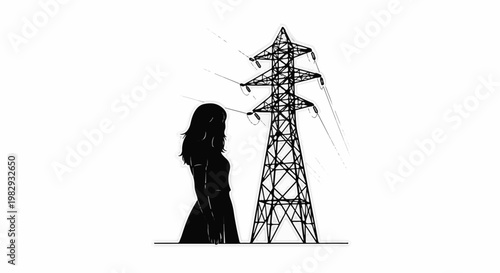 Silhouette of a woman in a dress stands next to a tall, lattice electrical tower