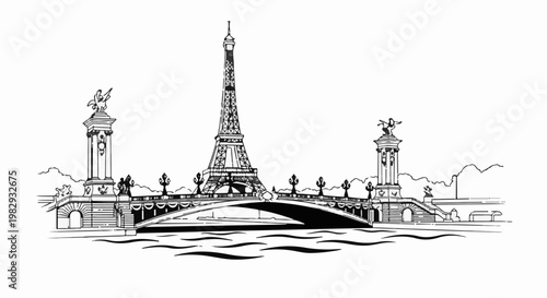 Iconic Parisian landmark depicted with a bridge and river