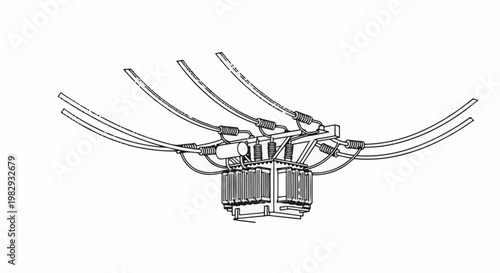 A detailed line drawing of an electrical transformer with wires