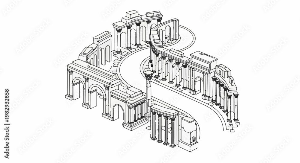 Obraz premium Isometric view of a classical architectural complex with columns and arches