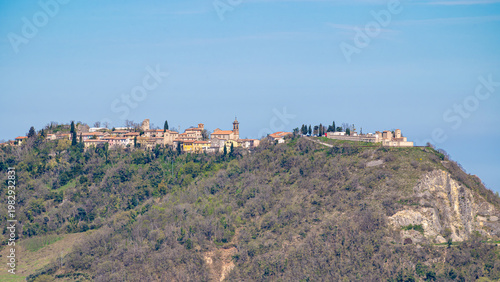 Italy, 10 April 2026: Medieval village Verucchio with Rocca Malatestiana on hilltop, Valmarecchia landscape Rimini Emilia Romagna, historic borgo architecture, scenic view