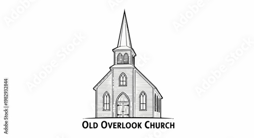 Black and white sketch of an old-fashioned church building with a steeple