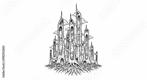 Intricate organic structure resembling a castle, with roots