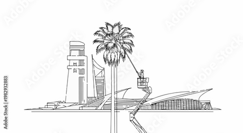 Line art depicting modern architecture and a worker trimming a palm tree from a boom lift