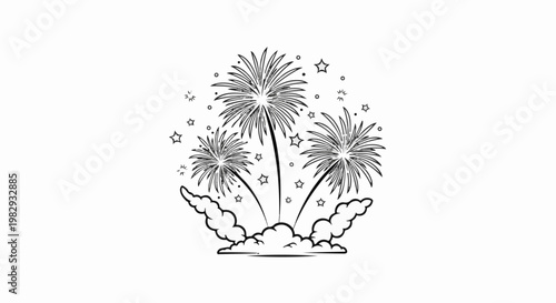 Black and white illustration of bursting fireworks with stars and clouds