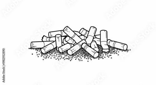 A pile of cigarette butts lies on a bed of small dots, drawn in black and white