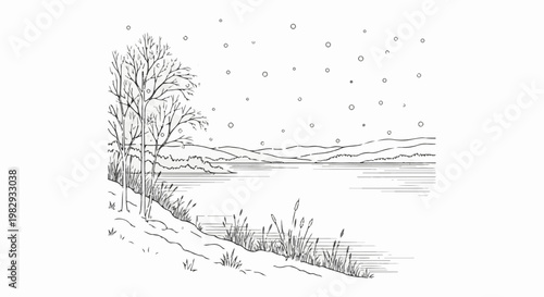 Bare trees line a snowy bank overlooking a calm body of water under falling flakes