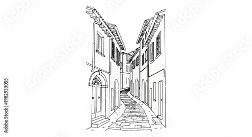 An illustrative, high-contrast sketch of an old cobblestone street with buildings