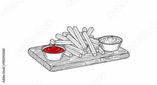 Stacked french fries with ketchup and mayonnaise on a wooden board