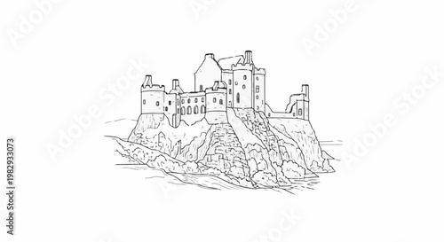 Line art sketch of a stone castle perched on a rocky cliff overlooking water
