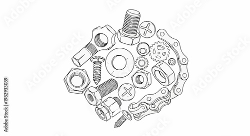 Assortment of metal bolts, nuts, gears, and chain links