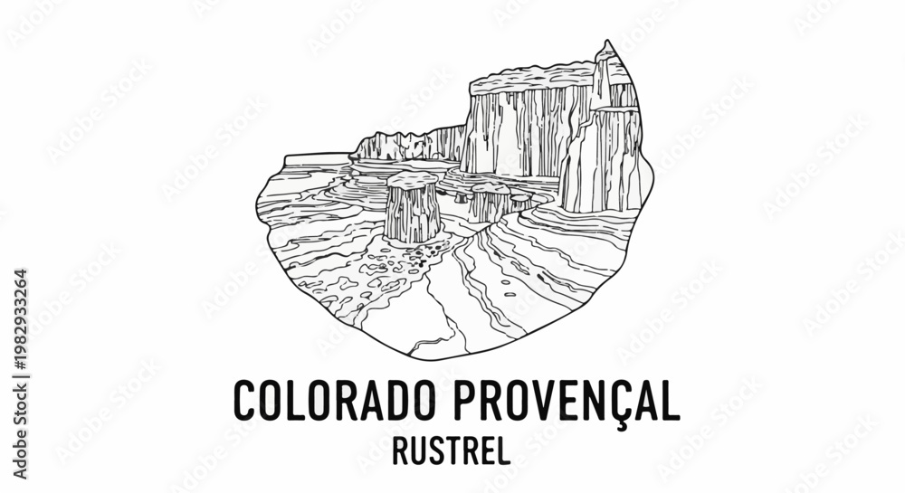 Naklejka premium Line art depiction of a canyon with layered rock formations and a dry riverbed