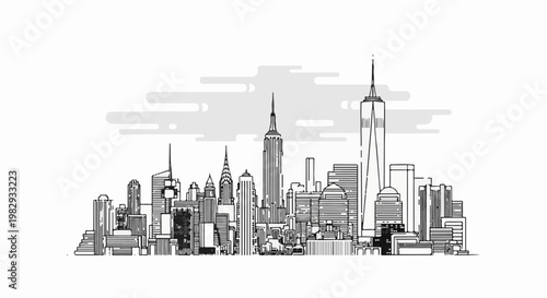 Monochromatic line art depicts a dense, varied city skyline against a pale background