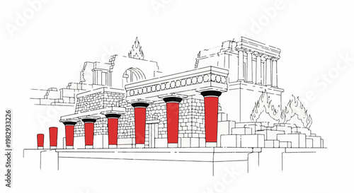 Ancient ruins with red columns and fiery altars under a stone structure