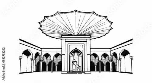 Ornate courtyard with arched walkways, central pavilion, and a decorative canopy