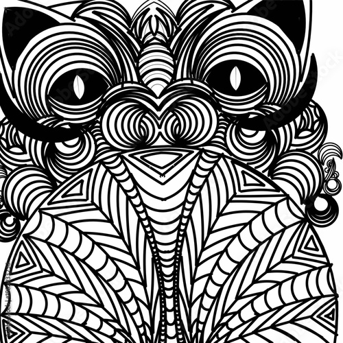  A cat’s face rendered in black-and-white line art. With large, piercing eyes and pointed ears, the entire facial area is filled with geometric patterns, circles, and symmetrical curved lines, creati