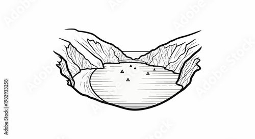 Stylized ink drawing of a wide river flowing between steep, rocky cliffs
