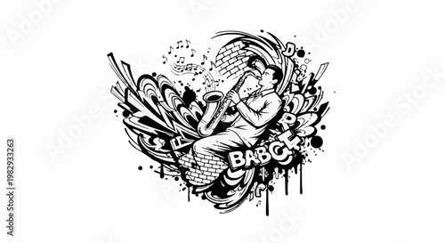 Musician plays saxophone amidst abstract graffiti with musical notes