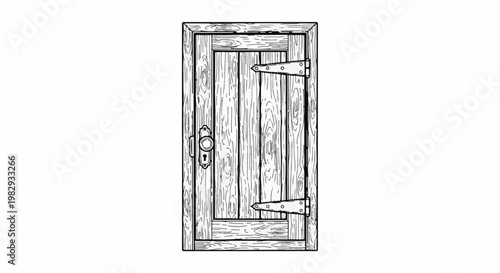 An old, wooden door with visible wood grain, hinges, and a knob