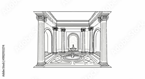 Ornate classical interior with columns, arches, and a tiered fountain