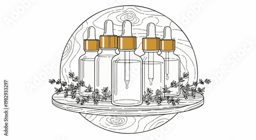 Aesthetic dropper bottles with golden caps on a wooden shelf with herbs