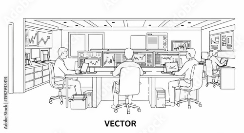 Office scene with people working at desks with multiple computer monitors