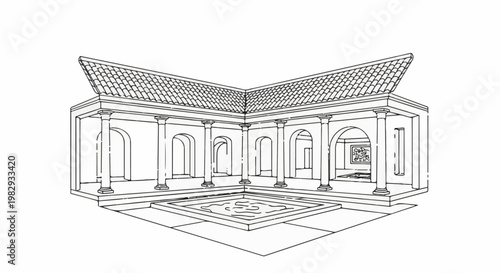 Line drawing of a courtyard with a tiled roof, colonnade, and fountain