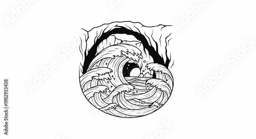 Stylized waves crash beneath a dark, ominous arch of bare branches