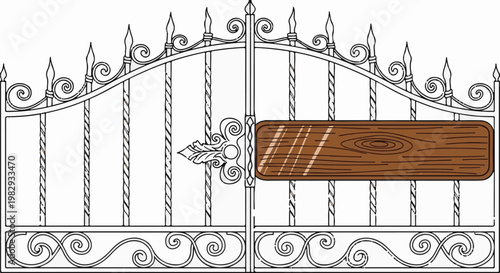 Ornate metal gate with decorative swirls and a wooden sign