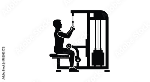 Silhouette of a man using a cable lat pulldown machine at the gym