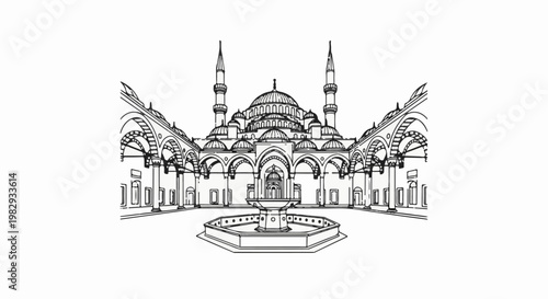 Ornate mosque with domes, minarets, courtyard, and central fountain