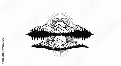 Symmetrical mountain range with sunbursts, reflected in water