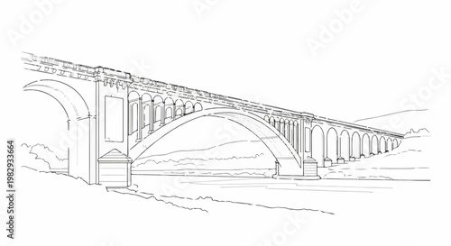 Ornate stone arch bridge with decorative piers and distant hills