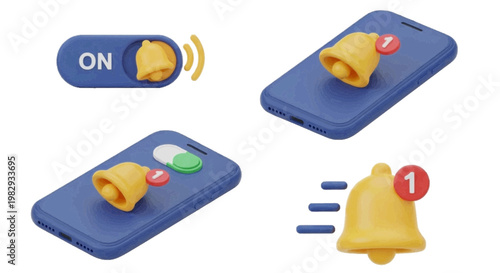 Vector illustration of 3d render of mobile phone notification icons and bell alerts on a transparent background