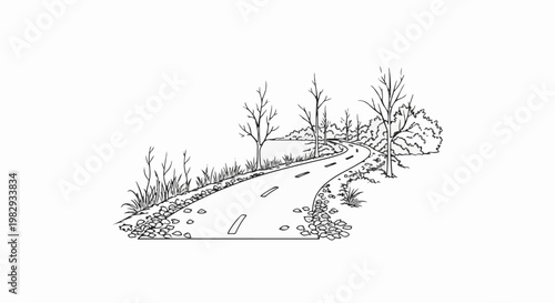A sketched road curves through a rural landscape with trees and grass