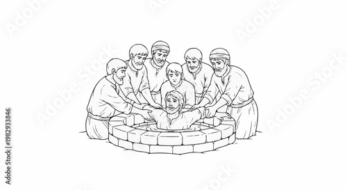 Men in tunics gather around a stone well, one is baptized