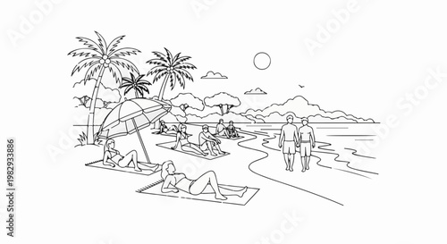 Tropical beach scene with people relaxing and walking by the ocean