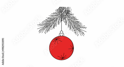 Red ornament hangs from a festive pine branch with sparse needles